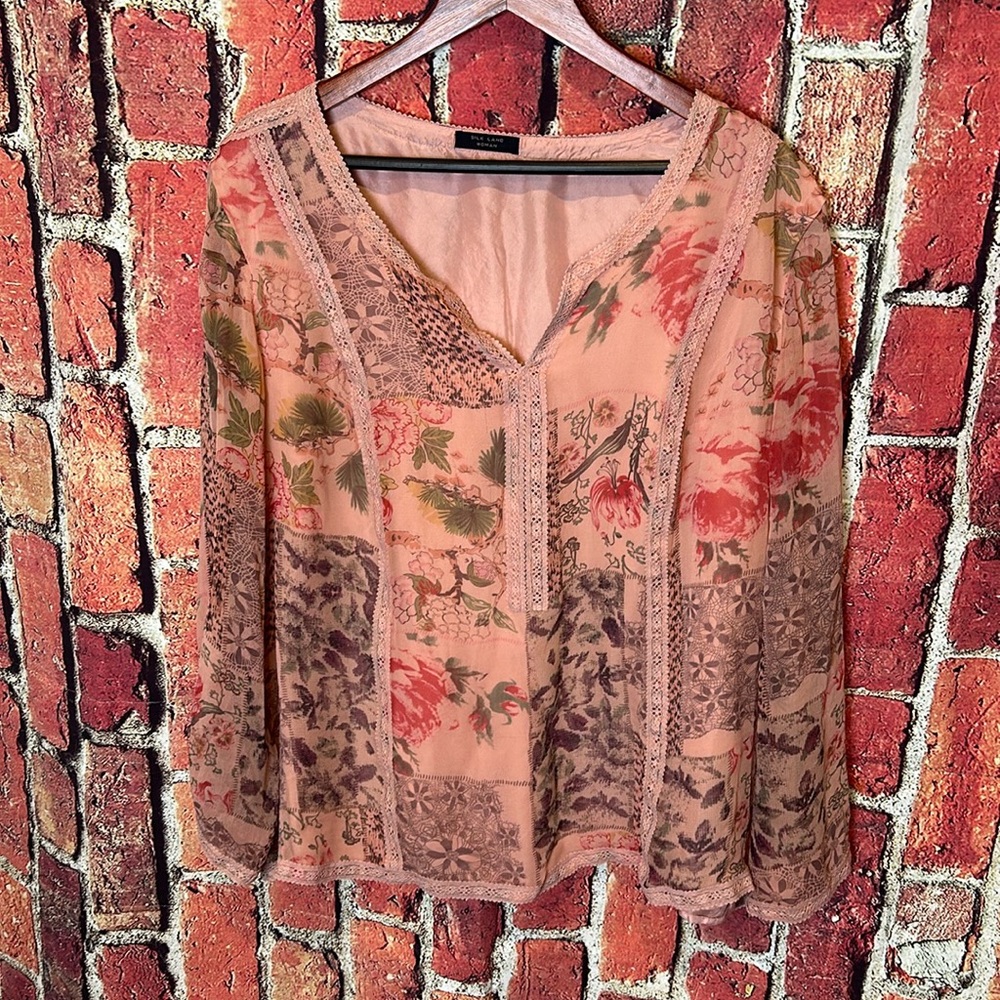 Silk Land Woman Lined Long Sleeve, Peach Floral Top  size xl / 2XL